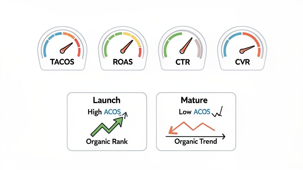 Gauges for TACOS, ROAS, CTR, CVR, and ACOS strategies for organic rank and trends.