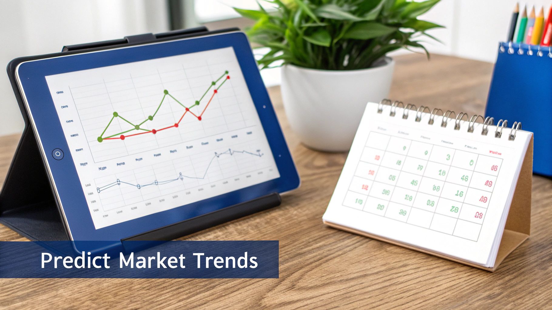 A tablet displaying market trend graphs, a desk calendar, and a plant on a wooden table.