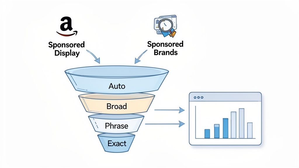 Amazon ad keyword targeting funnel: Sponsored Display and Brands feed Auto, Broad, Phrase, Exact match.