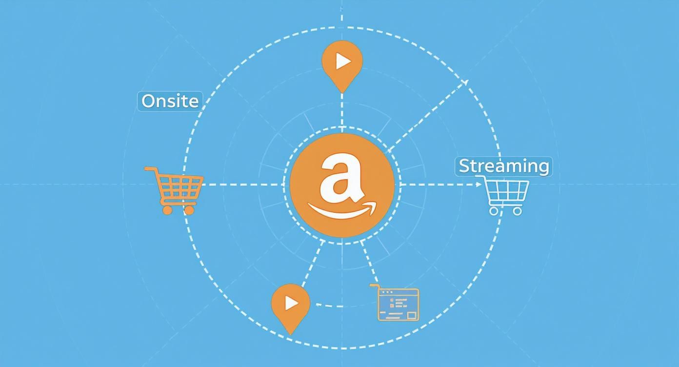 Amazon DSP advertising ecosystem diagram showing onsite shopping, streaming services, and video content distribution channels