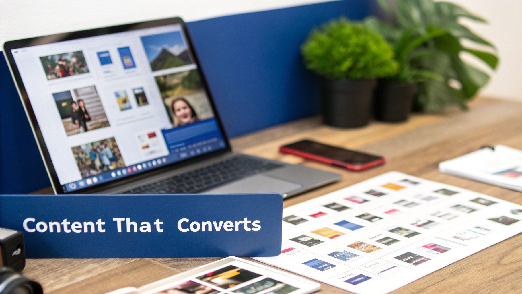 A marketing desk setup with a laptop displaying content, a 'Content That Converts' sign, and printed images.