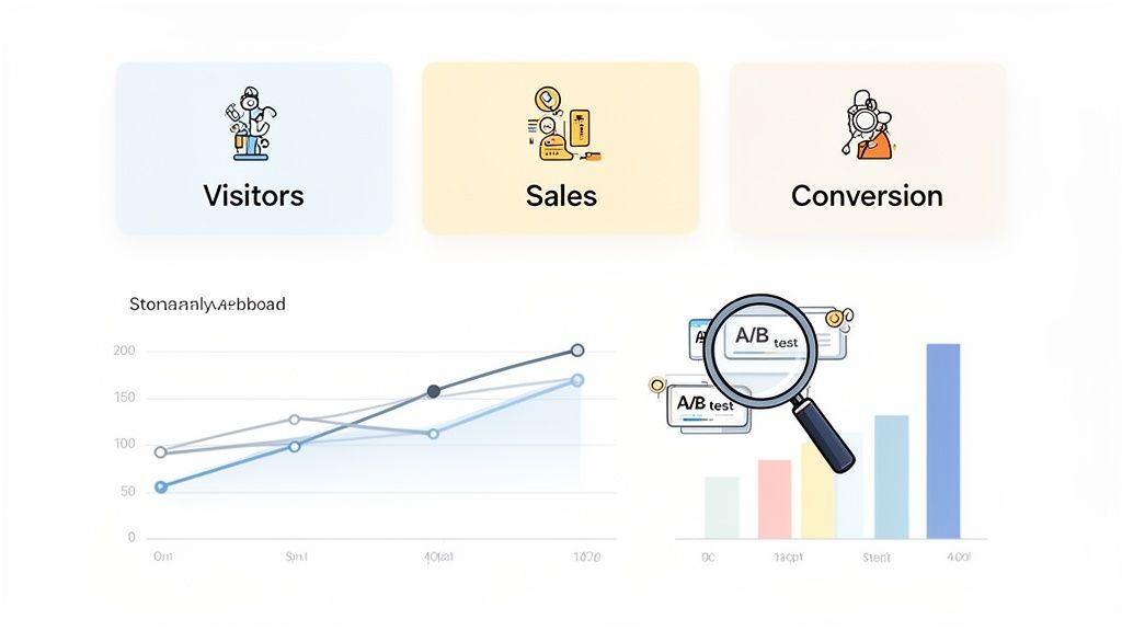 A digital marketing dashboard displaying visitor, sales, conversion metrics, data charts, and A/B testing results.