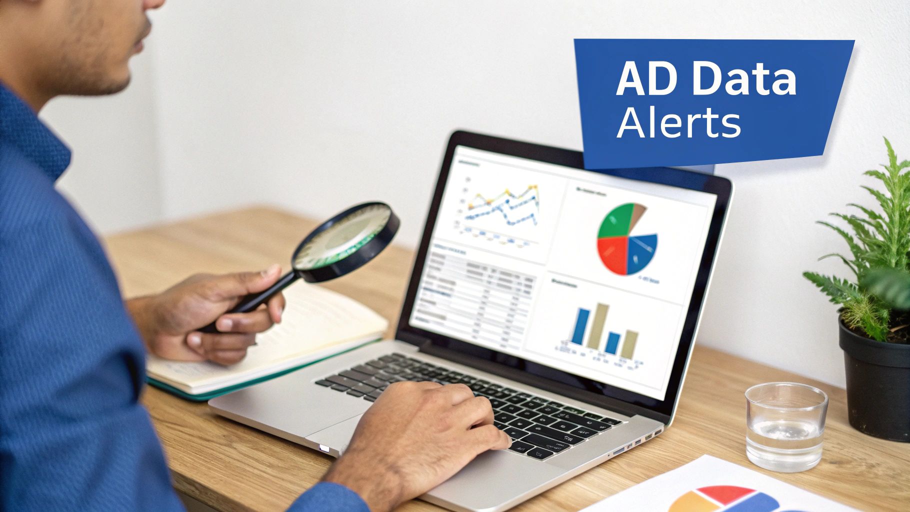 A person using a magnifying glass to examine data visualizations on a laptop screen, with an AD Data Alerts banner.