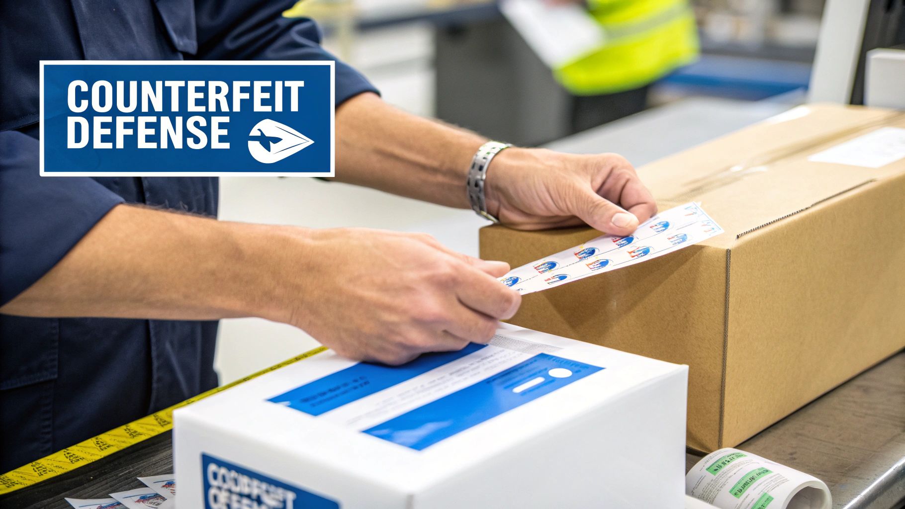 Hands apply security labels to a cardboard shipping box under a 'Counterfeit Defense' sign.
