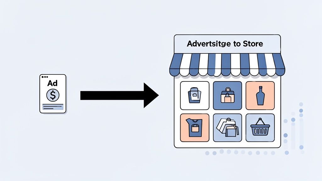 An illustration showing an ad with a dollar sign on a phone screen, pointing to a storefront with various product categories.