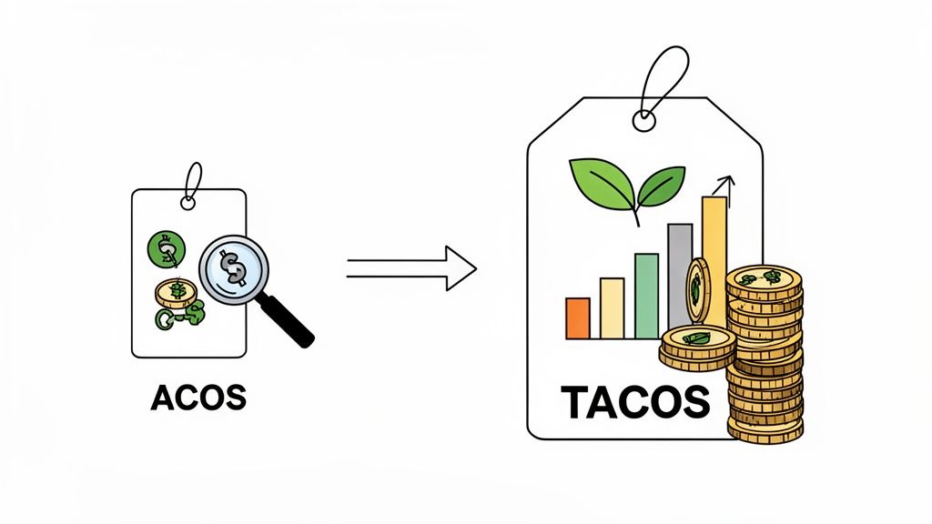 Illustration demonstrating the progression from ACOS to TACOS, showing growth in sales and profitability.