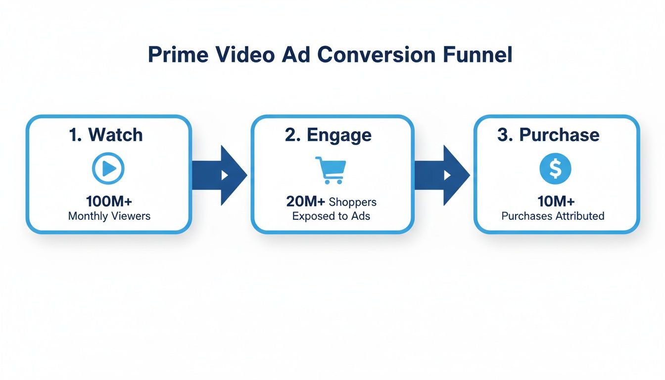 Prime Video Ad Conversion Funnel diagram detailing watch, engage, and purchase stages with metrics.