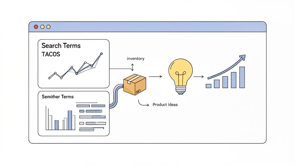 Diagram of a workflow illustrating how search terms and inventory data generate product ideas and drive business growth.