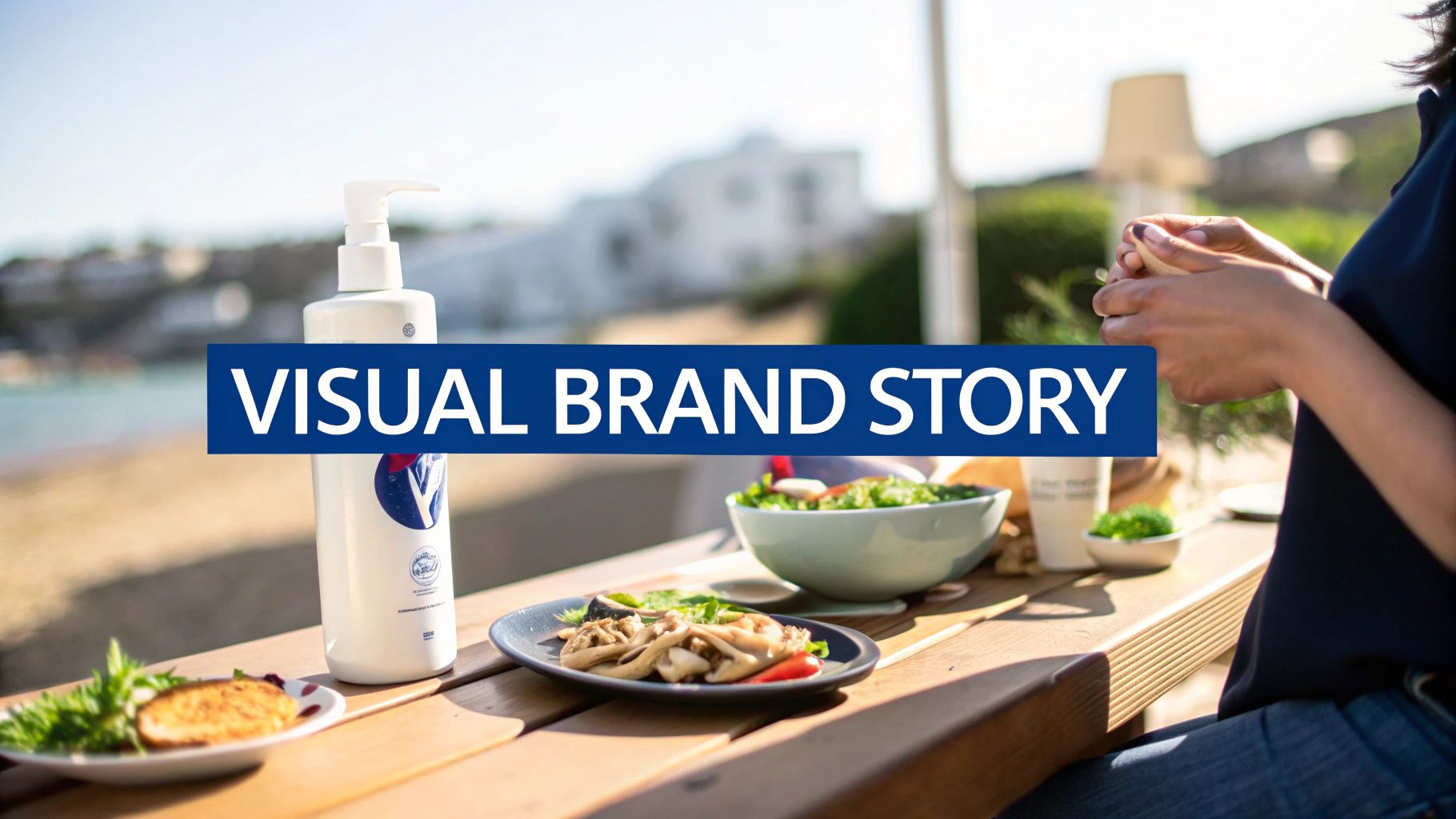 Outdoor dining setting with a pump bottle, various dishes, and a person's hands in a sunny, coastal environment.