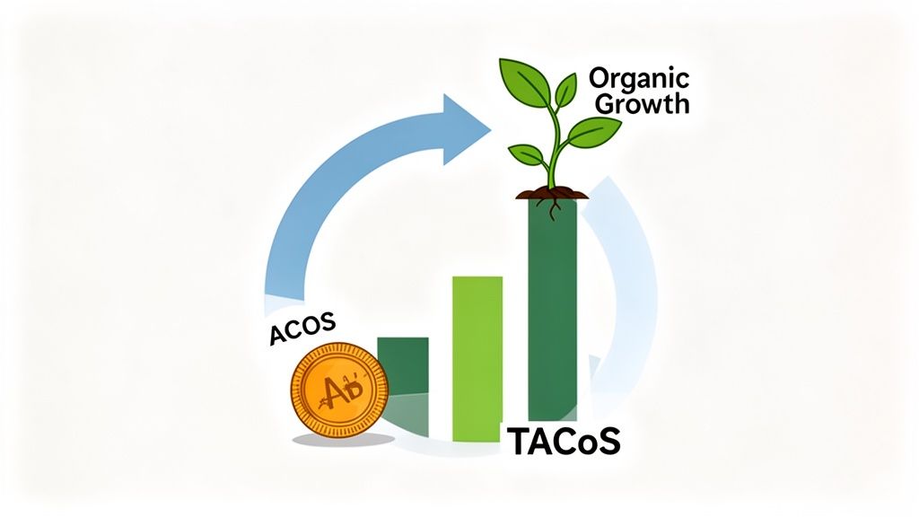 An illustration showing ACOS leading to TACoS, represented by a bar chart and a plant signifying organic growth.