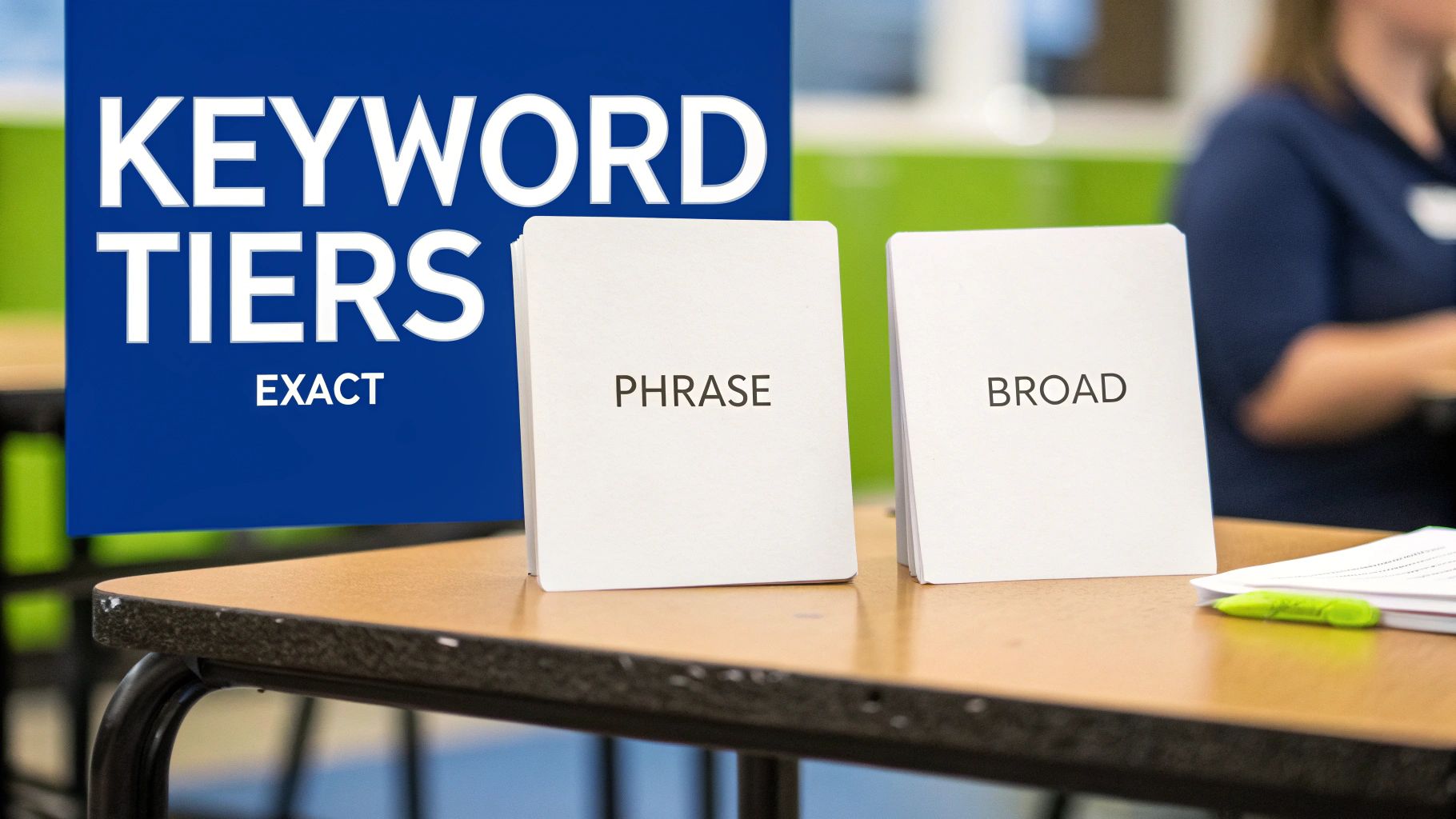 A close-up of a blue sign reading 'KEYWORD TIERS EXACT' next to white cards labeled 'PHRASE' and 'BROAD' on a table, illustrating different keyword match types.