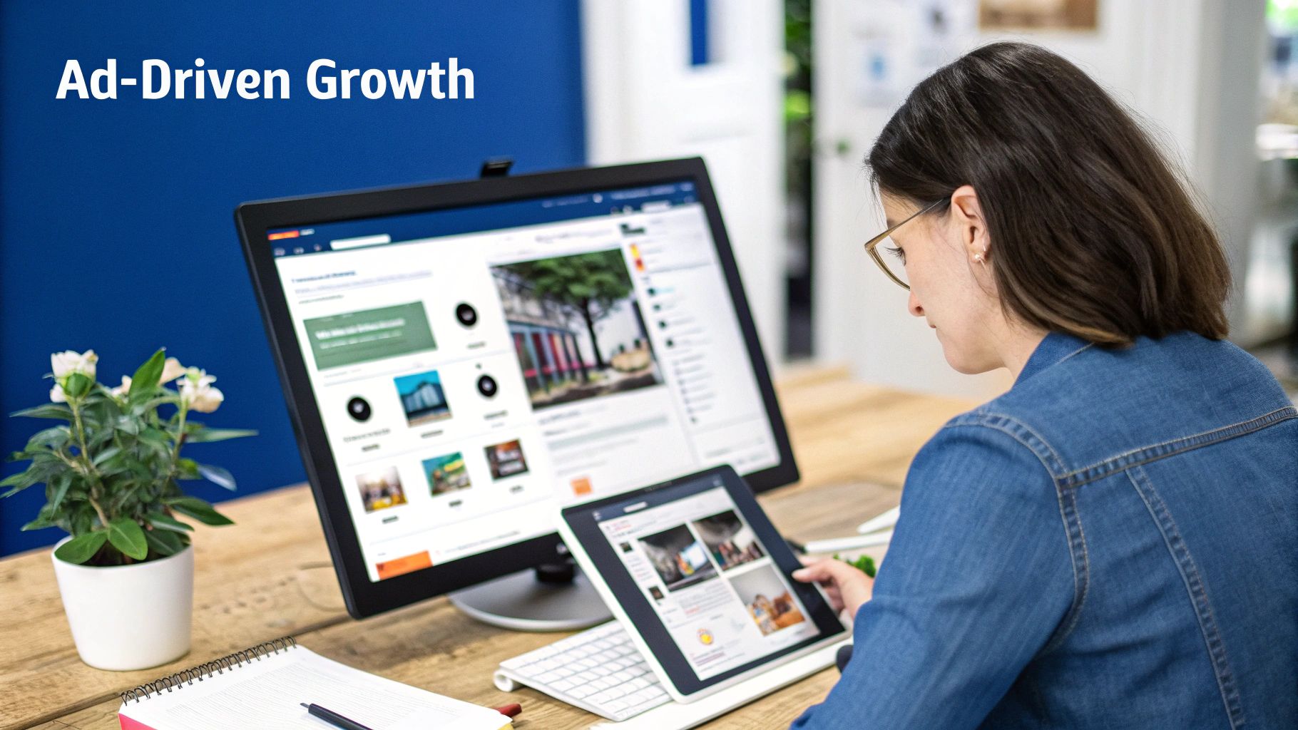 Professional woman managing digital content on a desktop monitor and a tablet at her office desk.