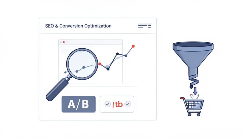 Illustration of SEO and conversion optimization with A/B testing, analytics, and a sales funnel to a shopping cart.