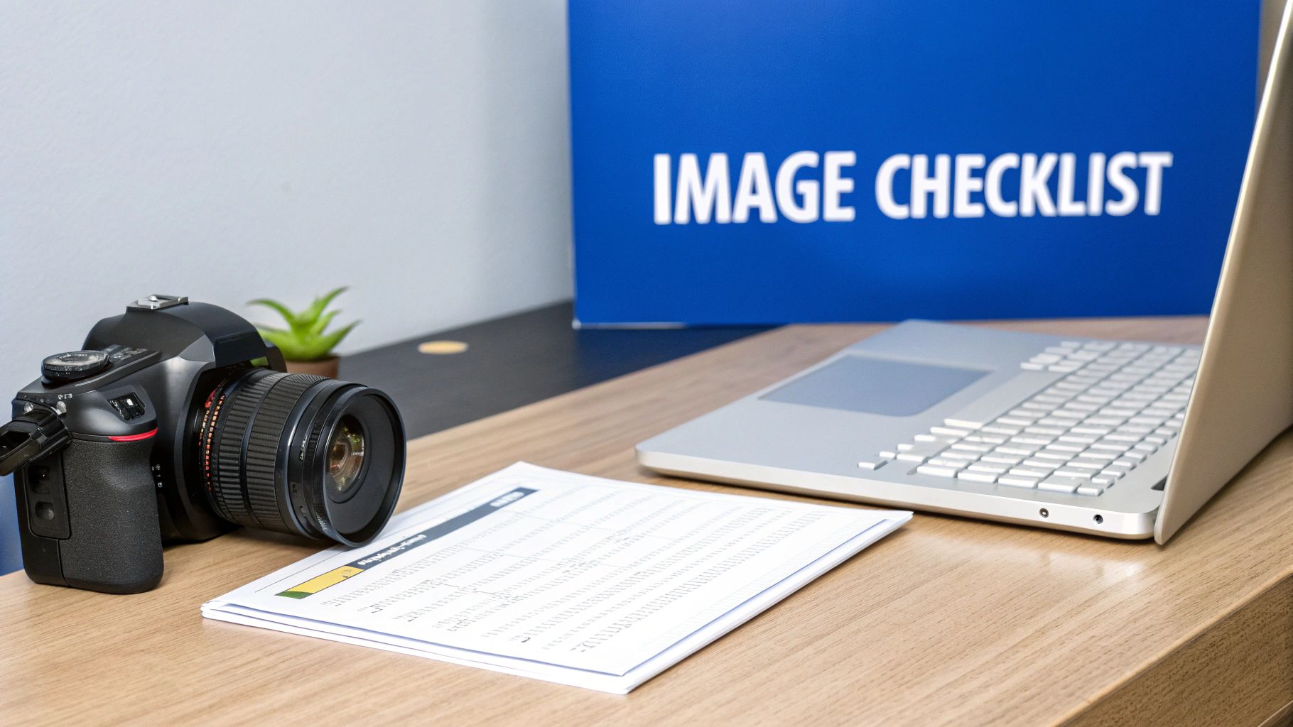 A digital camera, laptop, and papers on a wooden desk with an 'IMAGE CHECKLIST' sign.