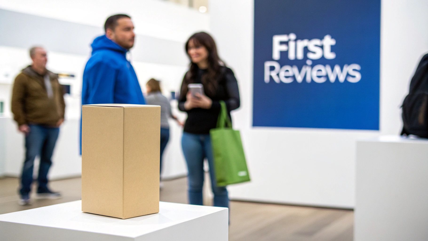 A tall cardboard box on a white pedestal, with blurry people and a 'First Reviews' sign in the background.