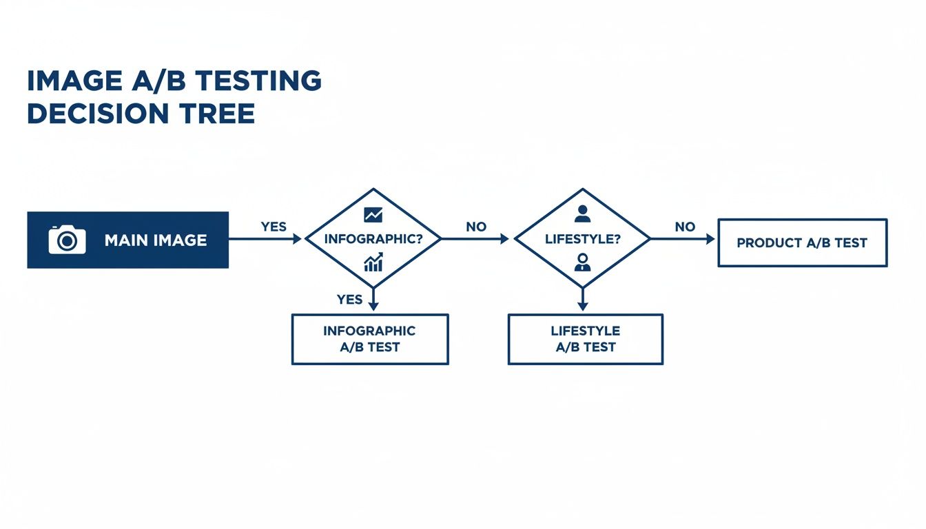 A decision tree flowchart demonstrating image A/B testing strategy for infographic, lifestyle, and product types.
