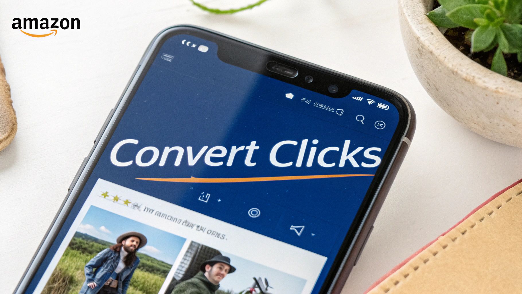 A smartphone screen displaying an Amazon listing page with “Convert Clicks” text and product images.