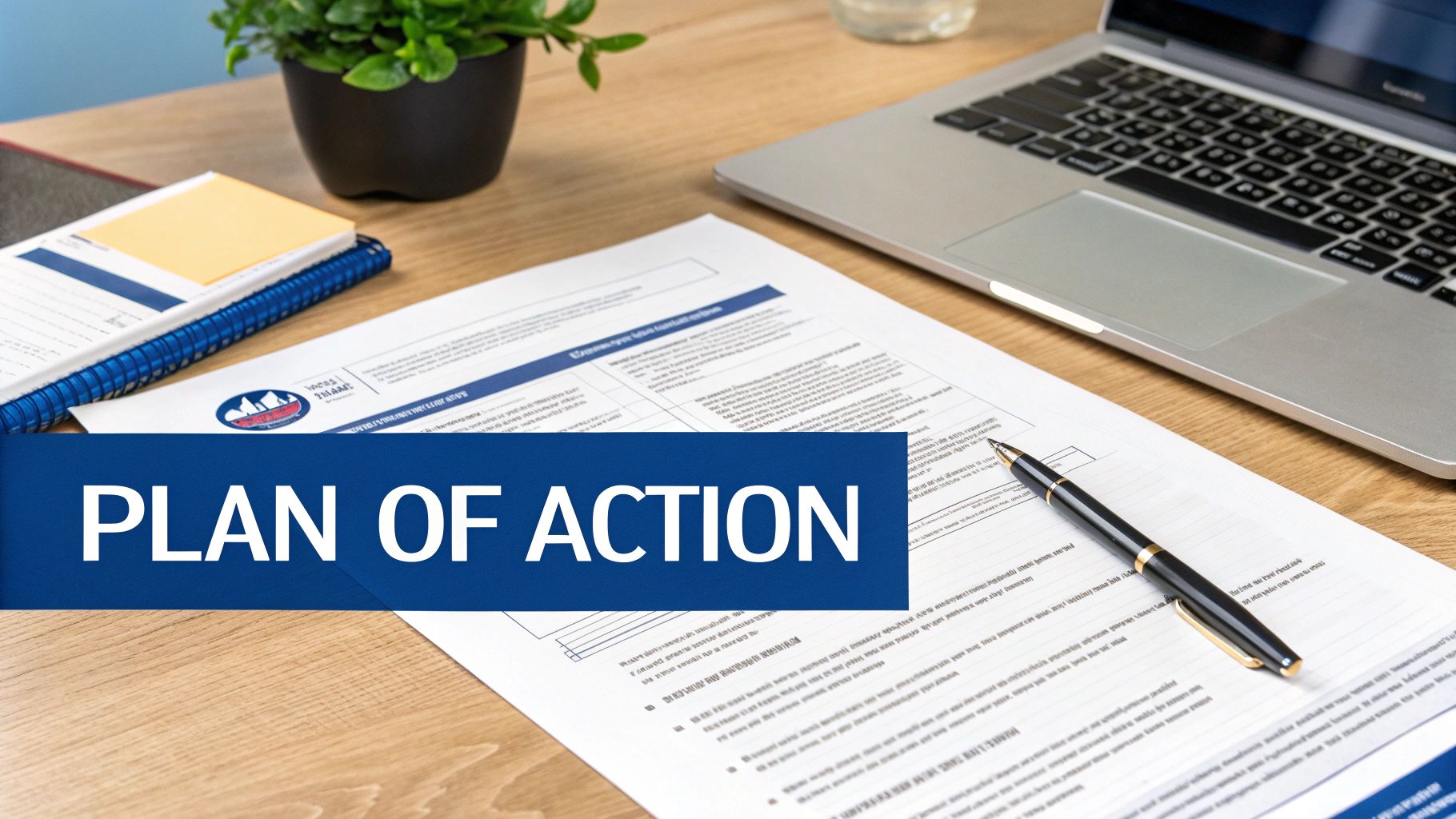 A document titled 'PLAN OF ACTION' on a wooden desk with a laptop, notebook, pen, and plant, symbolizing business strategy.