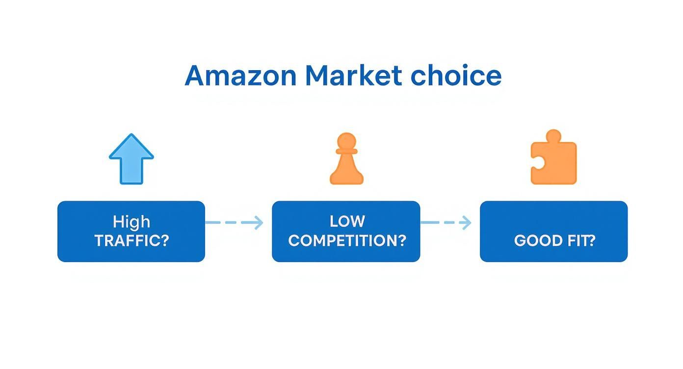 Infographic decision tree for choosing an Amazon market, showing steps for evaluating traffic, competition, and product fit.