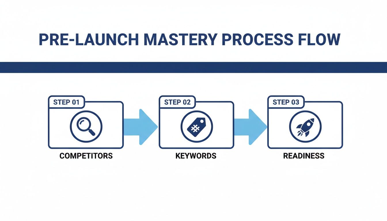 A pre-launch mastery process flow with three steps: Competitors, Keywords, and Readiness, shown with icons.