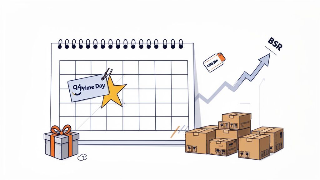 Illustration of Q4 Prime Day on a calendar, a rising BSR graph, coupon, gift, and shipping boxes.