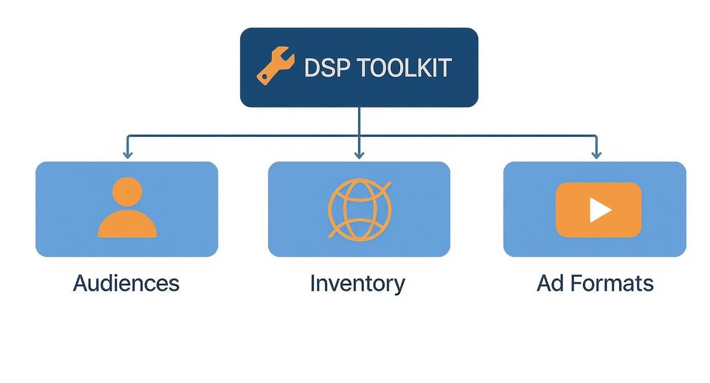 A DSP Toolkit diagram illustrating its core components: Audiences, Inventory, and Ad Formats.
