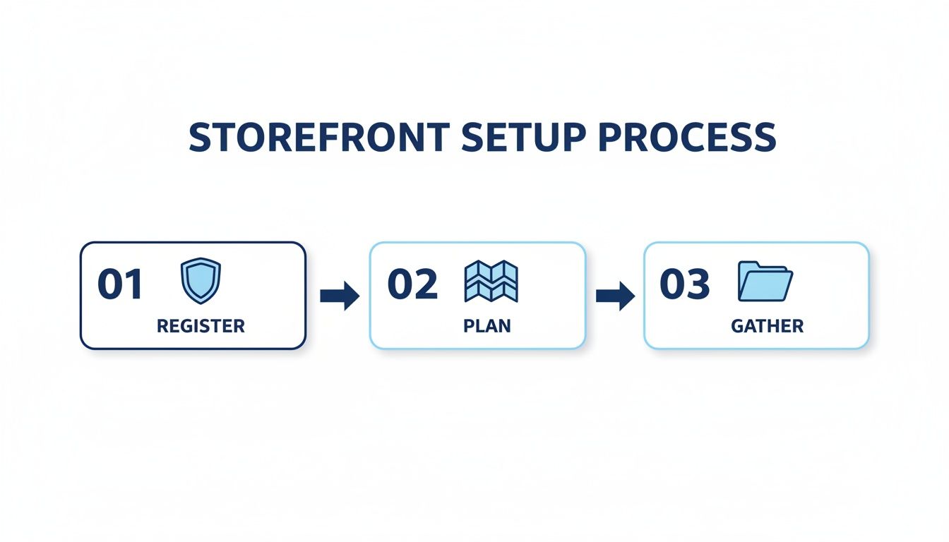 An infographic showing the three-step storefront setup process: register, plan, and gather.