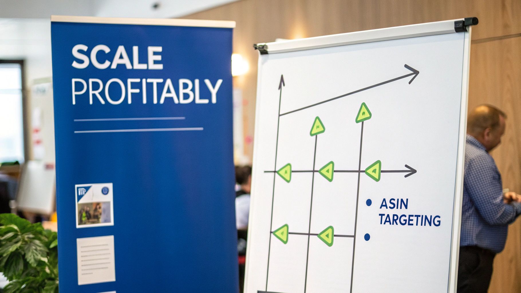 A blue banner stating 'SCALE PROFITABLY' next to a whiteboard showing a graph and 'ASIN TARGETING'.