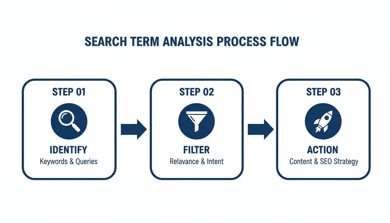 A three-step process flow for search term analysis, covering identification, filtering, and action for content and SEO.