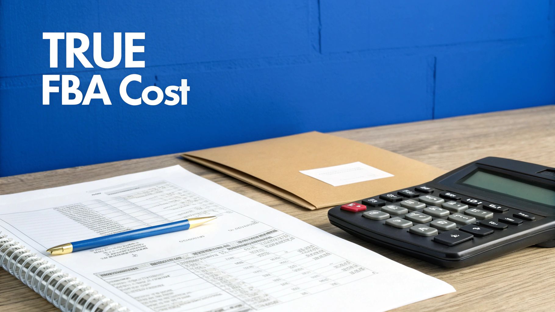 Desk with financial documents, pen, calculator, and envelope, with 'TRUE FBA Cost' text on a blue wall.