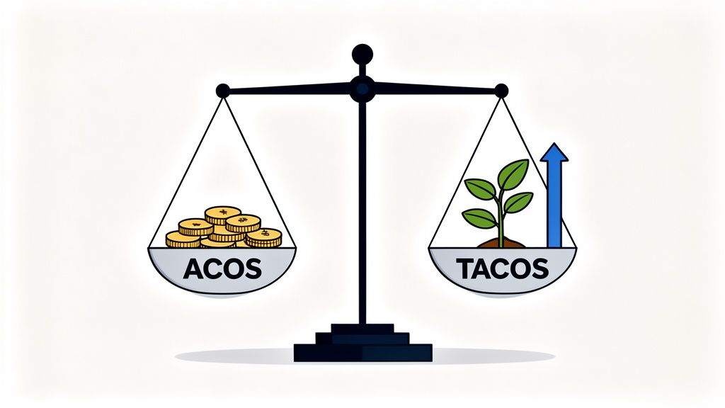 A graphic representing the balance between ACOS (money) and TACOS (business growth).