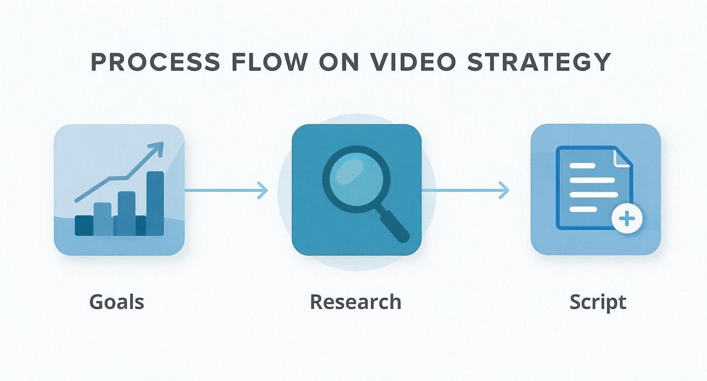 Process flow diagram illustrating the steps for video strategy: Goals, Research, and Script.