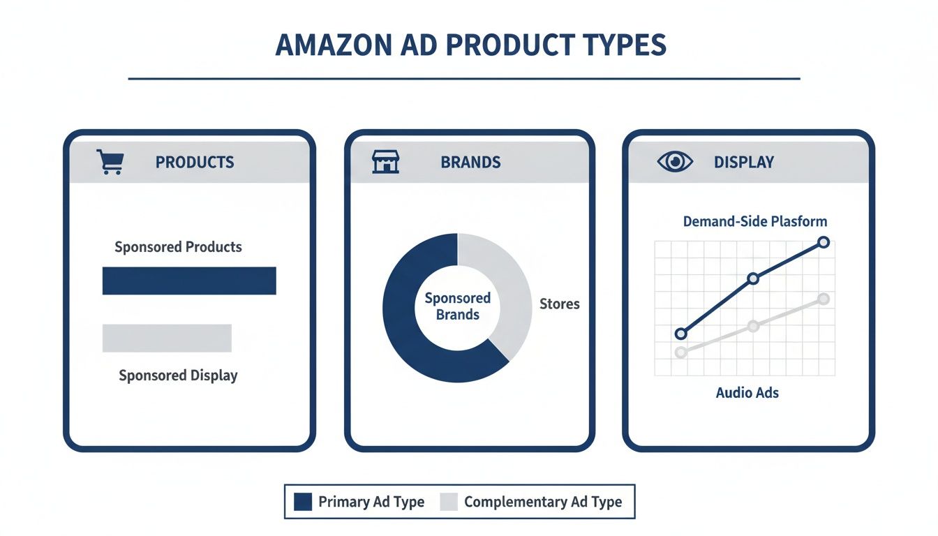 Infographic detailing Amazon ad product types: Sponsored Products, Brands, and various Display options.