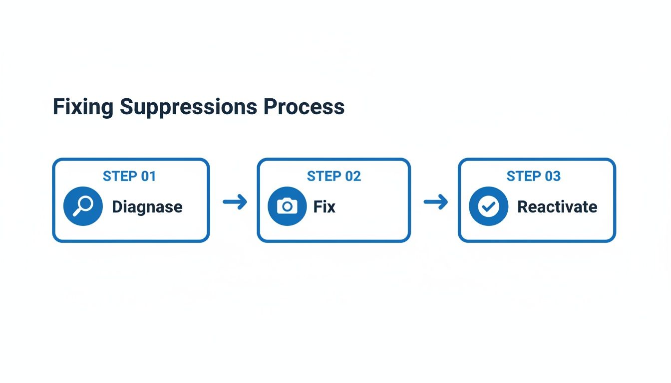A three-step process diagram outlining how to fix suppressions: Diagnose, Fix, and Reactivate.