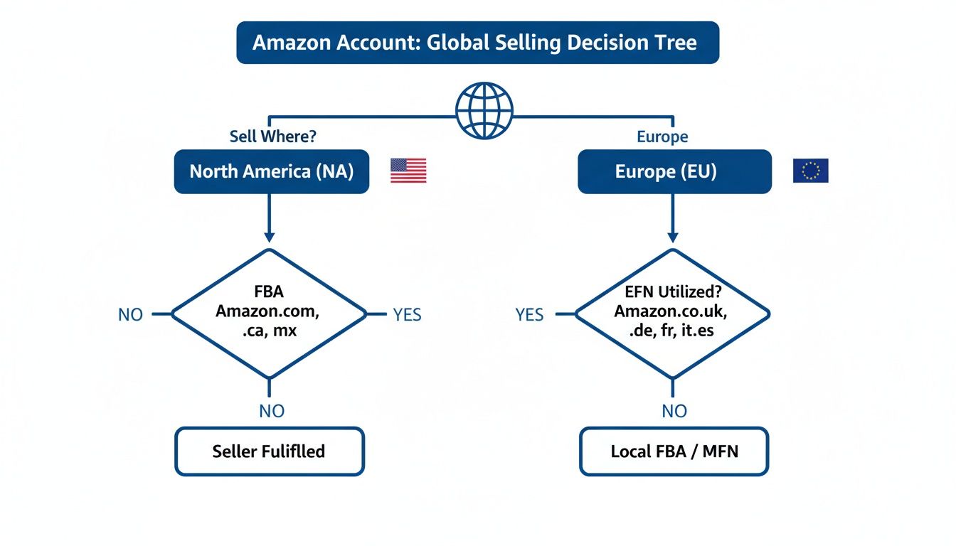 Decision tree illustrating Amazon's global selling options for North America and Europe, including fulfillment.