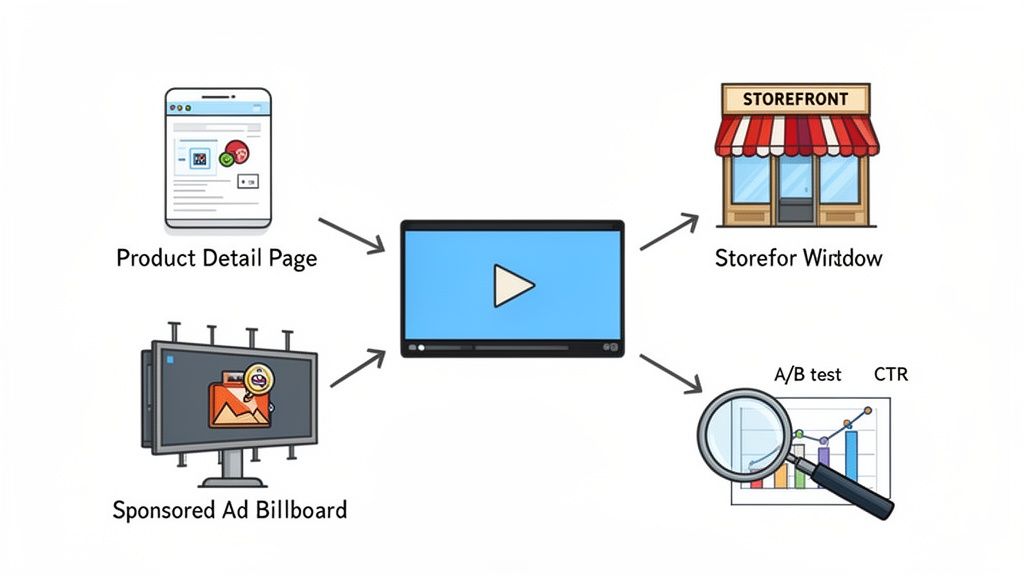 Diagram showing product video integration across product pages, ad billboards, storefronts, and for performance testing.