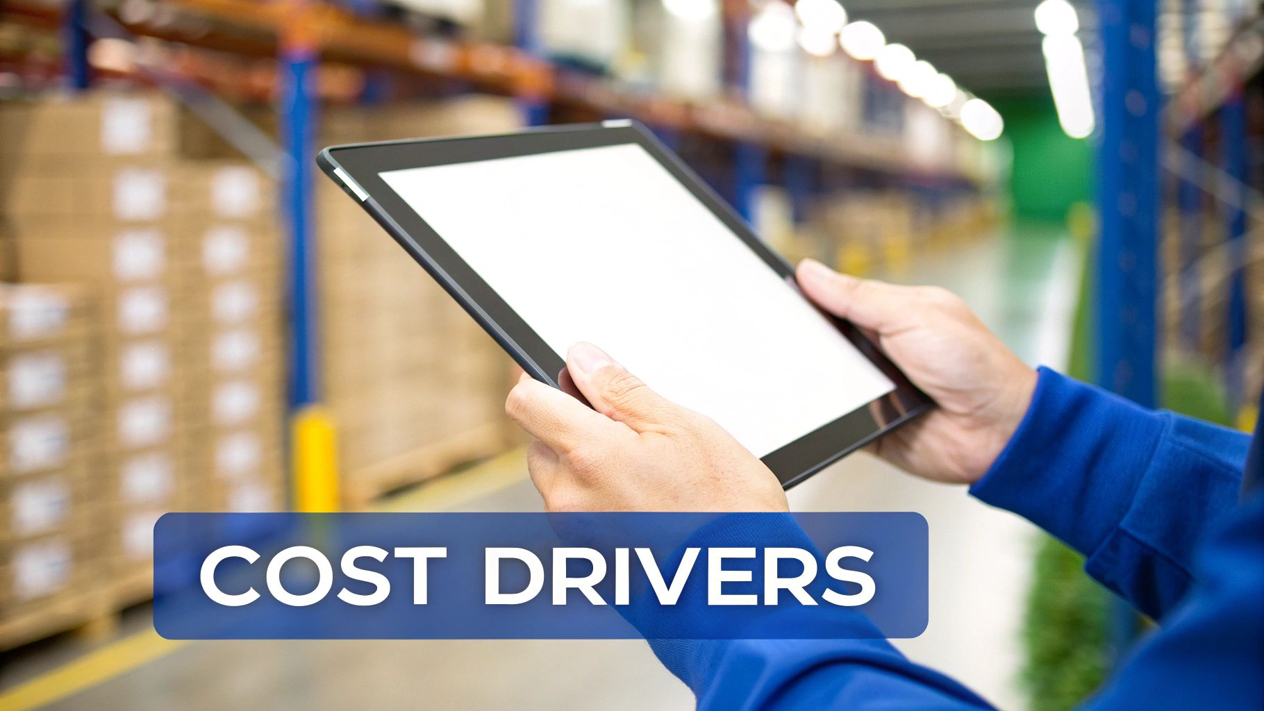 Person in a blue shirt holding a tablet in a warehouse, with 'COST DRIVERS' text overlay.
