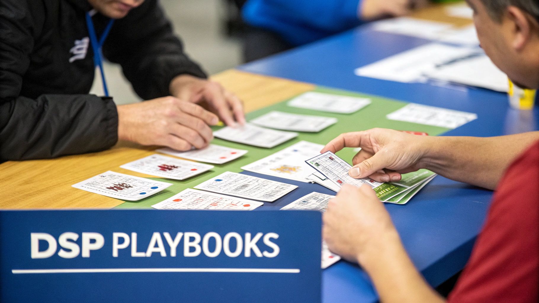 People engaging with strategy cards on a table labeled 'DSP PLAYBOOKS' during a session.