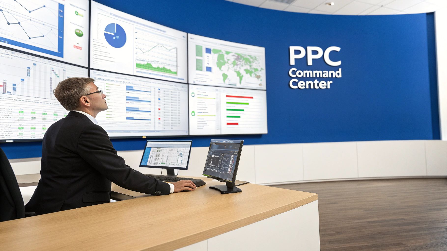 Professional man monitoring data on multiple screens in a modern PPC command center.