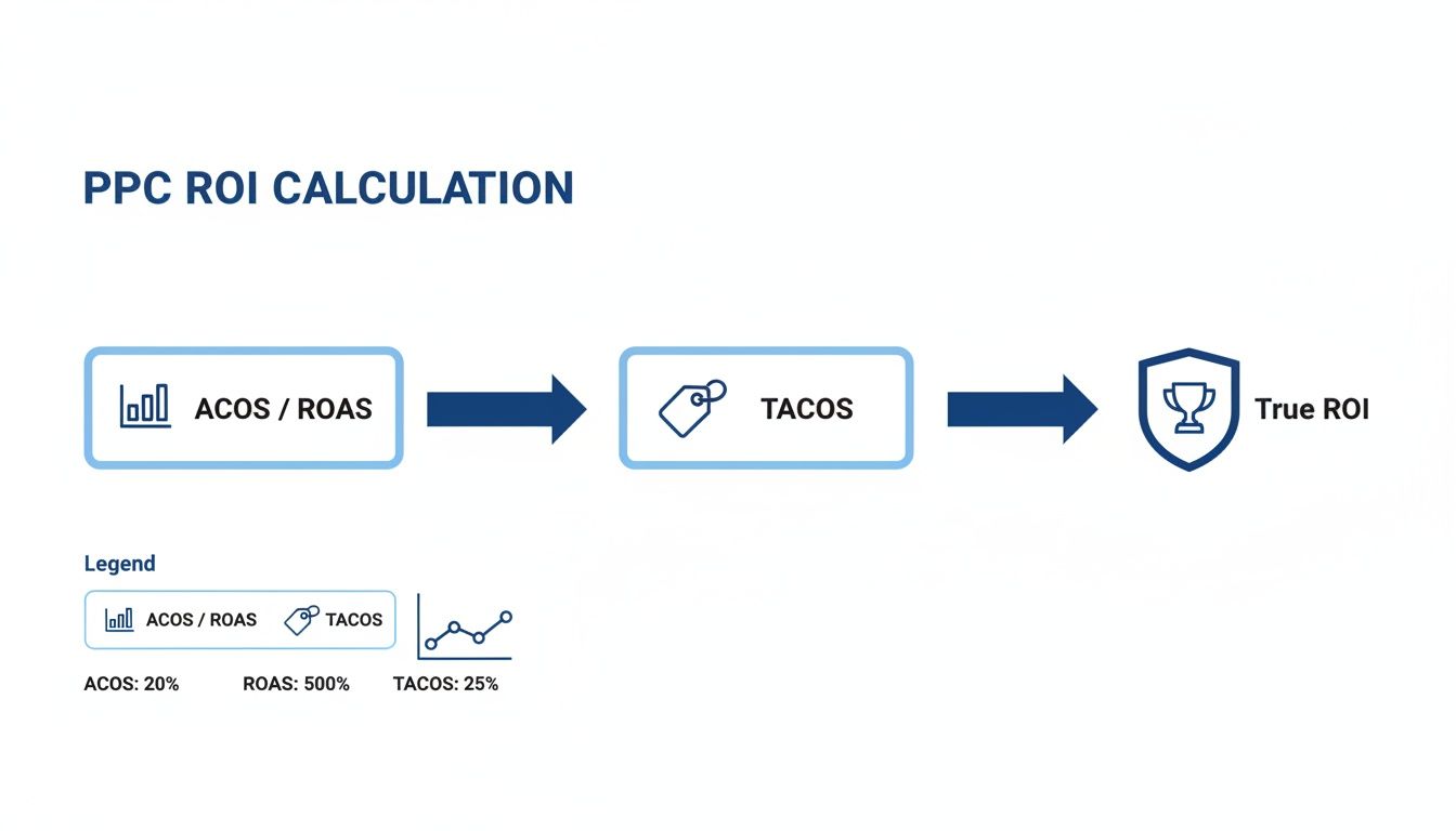 Flowchart illustrating PPC ROI calculation steps: ACOS/ROAS, TACOS, and True ROI with example values.