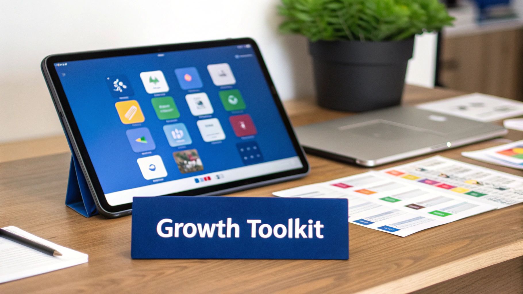 Growth Toolkit sign on desk with tablet displaying business apps and laptop