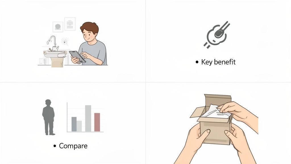 Illustrations of smart home device control, key product benefits, data comparison, and package unboxing.
