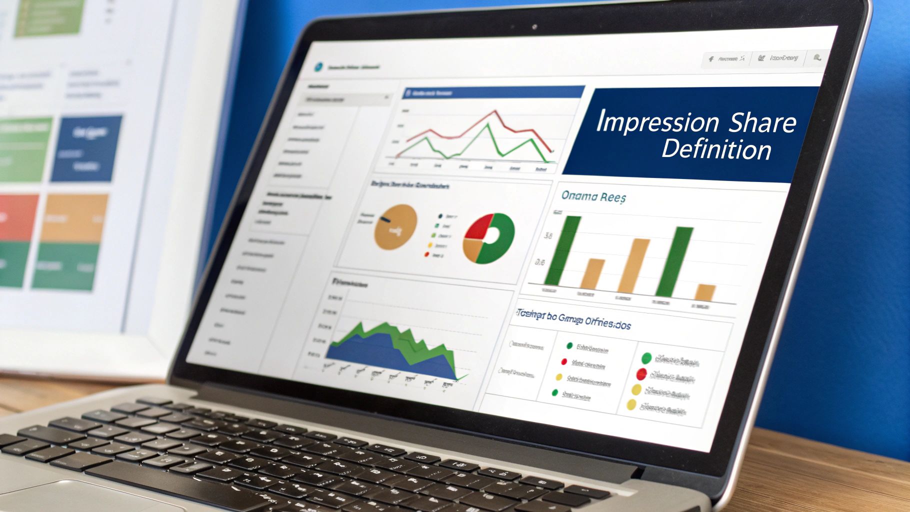 A close-up shot of a computer screen displaying a complex data dashboard with colorful graphs and charts, representing digital advertising analytics and performance metrics.