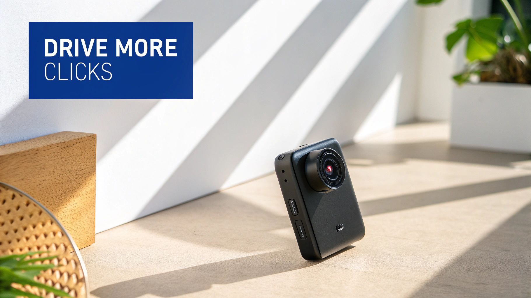 A blue sign with 'DRIVE MORE CLICKS' text above a small black camera on a sunlit surface.