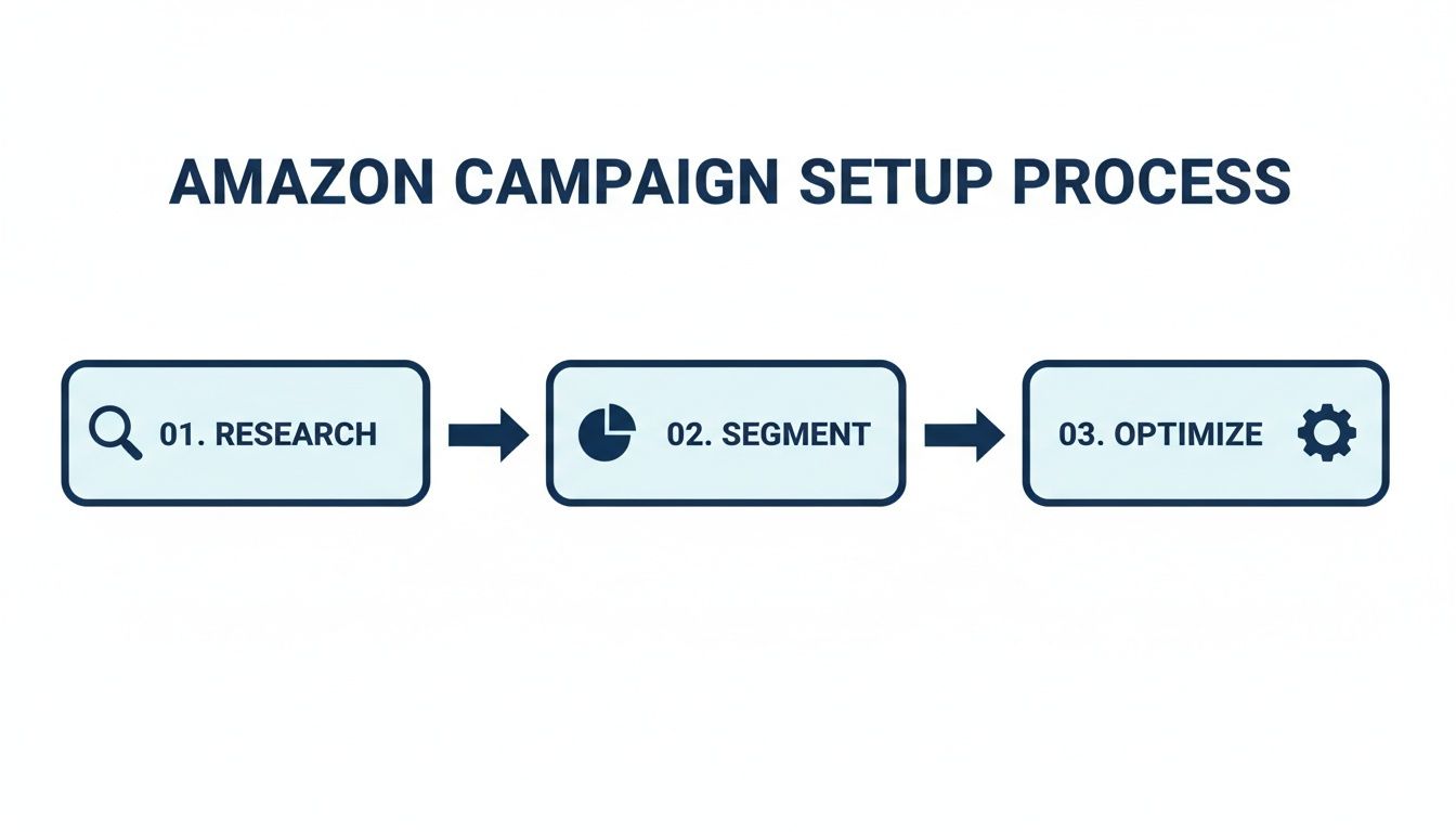 A flowchart showing the Amazon campaign setup process with three steps: research, segment, and optimize.