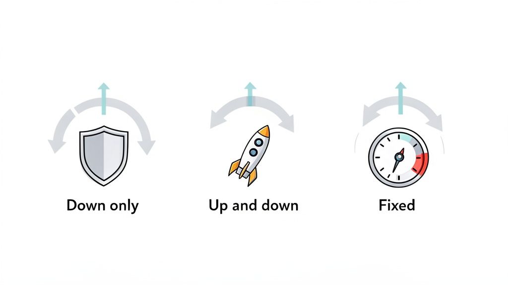 Visual representation of three bidding strategies: 'Down only', 'Up and down', and 'Fixed' options.
