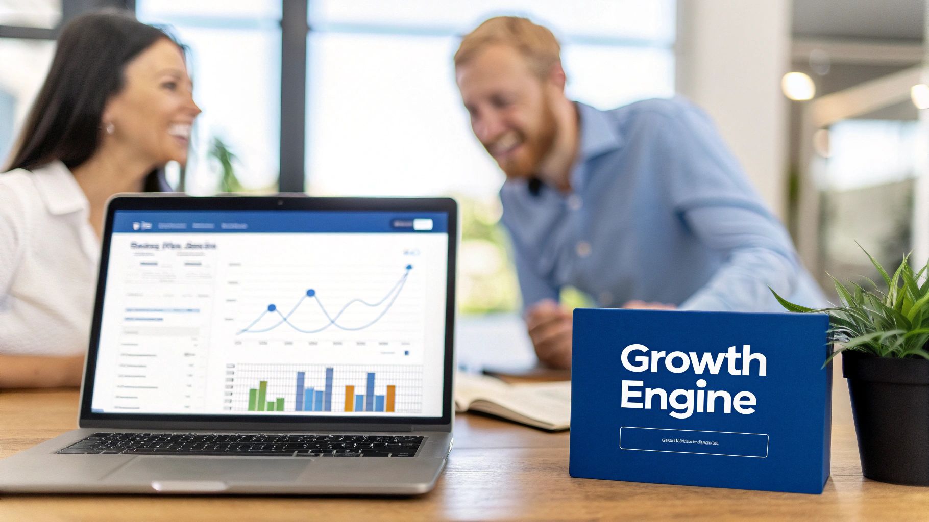 A person working on a laptop with charts and graphs in the background, representing data-driven strategy for Amazon keywords.