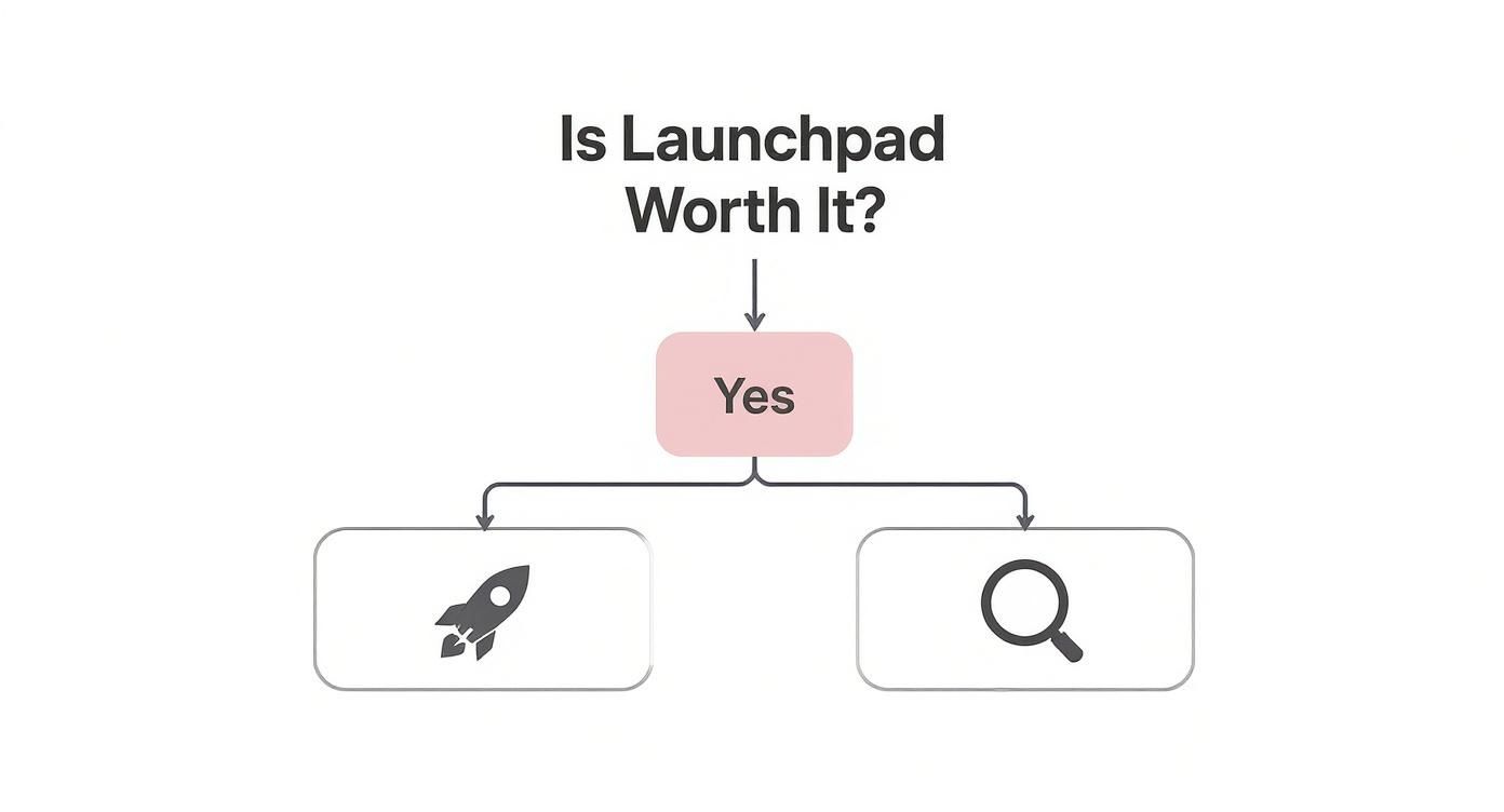A flowchart asks 'Is Launchpad Worth It?', with 'Yes' leading to a rocket and a magnifying glass icon.