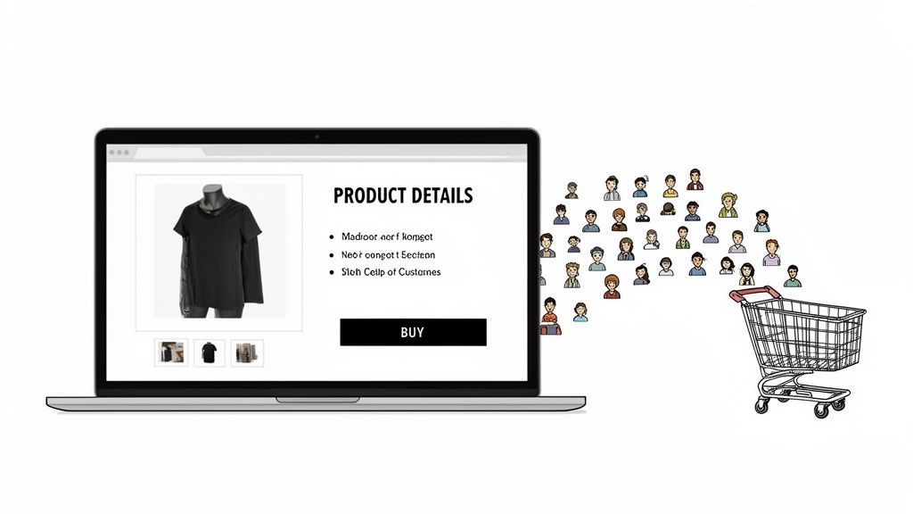 An e-commerce product page on a laptop, showing customers moving towards a shopping cart.