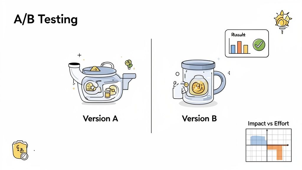 Diagram showing A/B testing comparison with two product versions, results, and an impact vs. effort grid.